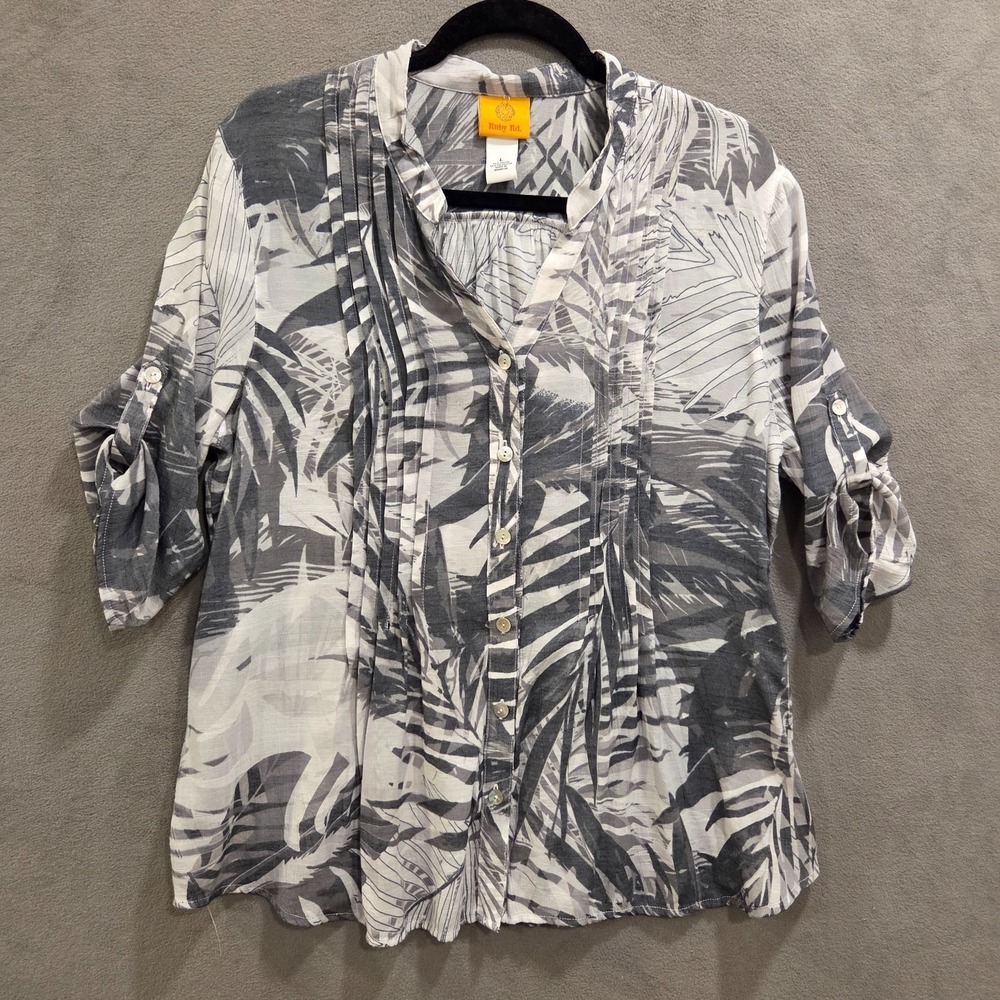 Ruby Rd Roll Tab Sleeve Pintuck Button Shirt  Women's Size Large Tropical